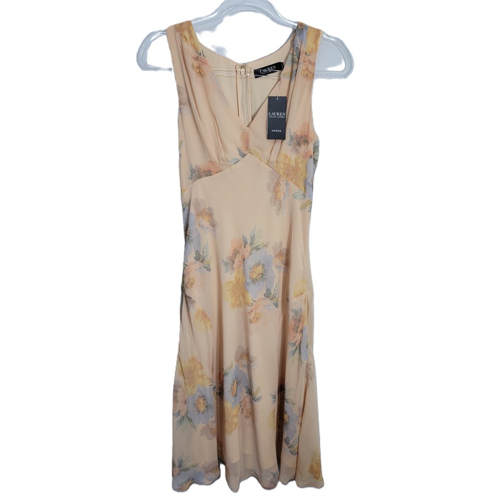 Lauren Ralph Lauren Black Label 4 Midi Dress Peach Floral Chiffon V-Neck NEW